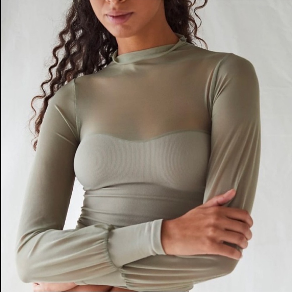 Free People Intimately Olive Green Light Up Layering Part Mesh Top Size M/L
